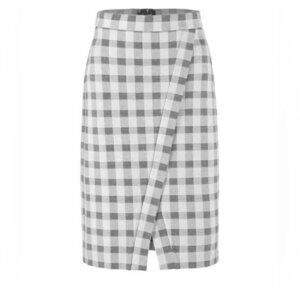 Cabi Valentina Faux Wrap Plaid Skirt Size 8 NWT 5303 Gray Ponte Knit Career Knee